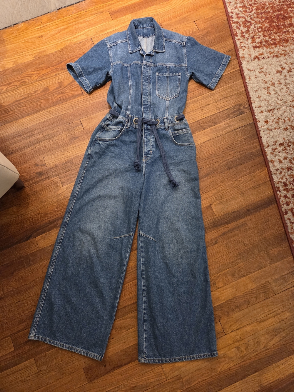 Free People Denim Short-Sleeve Jumpsuit in Medium Blue